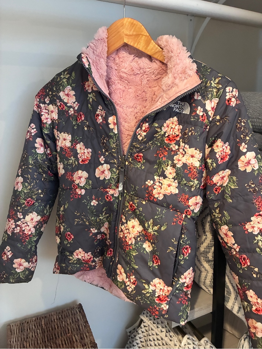 The North Face Women's Floral Puffer Jacket in Gray with Pink Lining